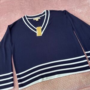 Michael Kors Navy and White V-Neck Striped Hem Sweater